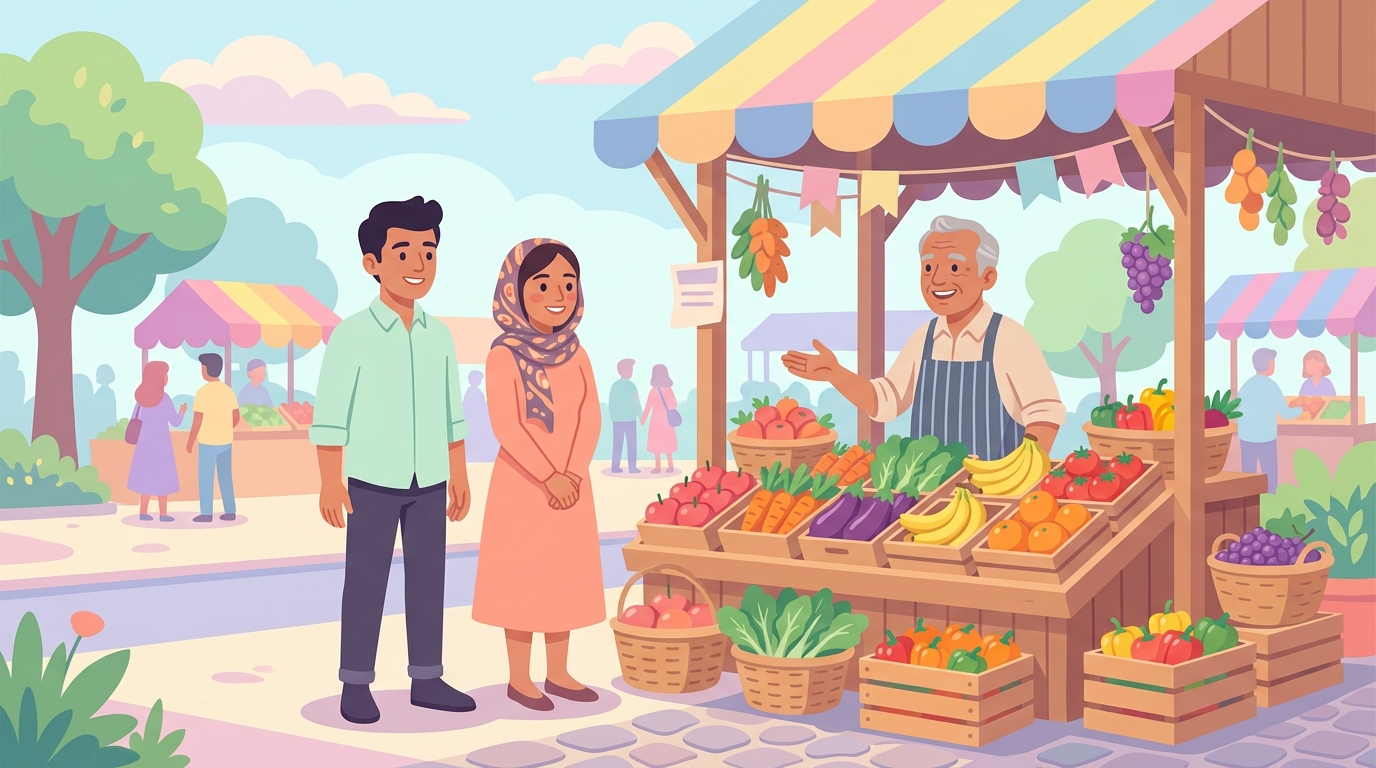 Karim et Yara qui discutent devant un étal de fruits et légumes au marché